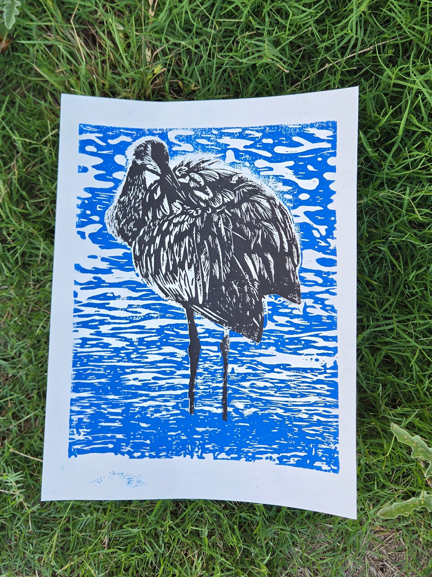 Sandhill crane - 9x12 inch Blue and black linocut print