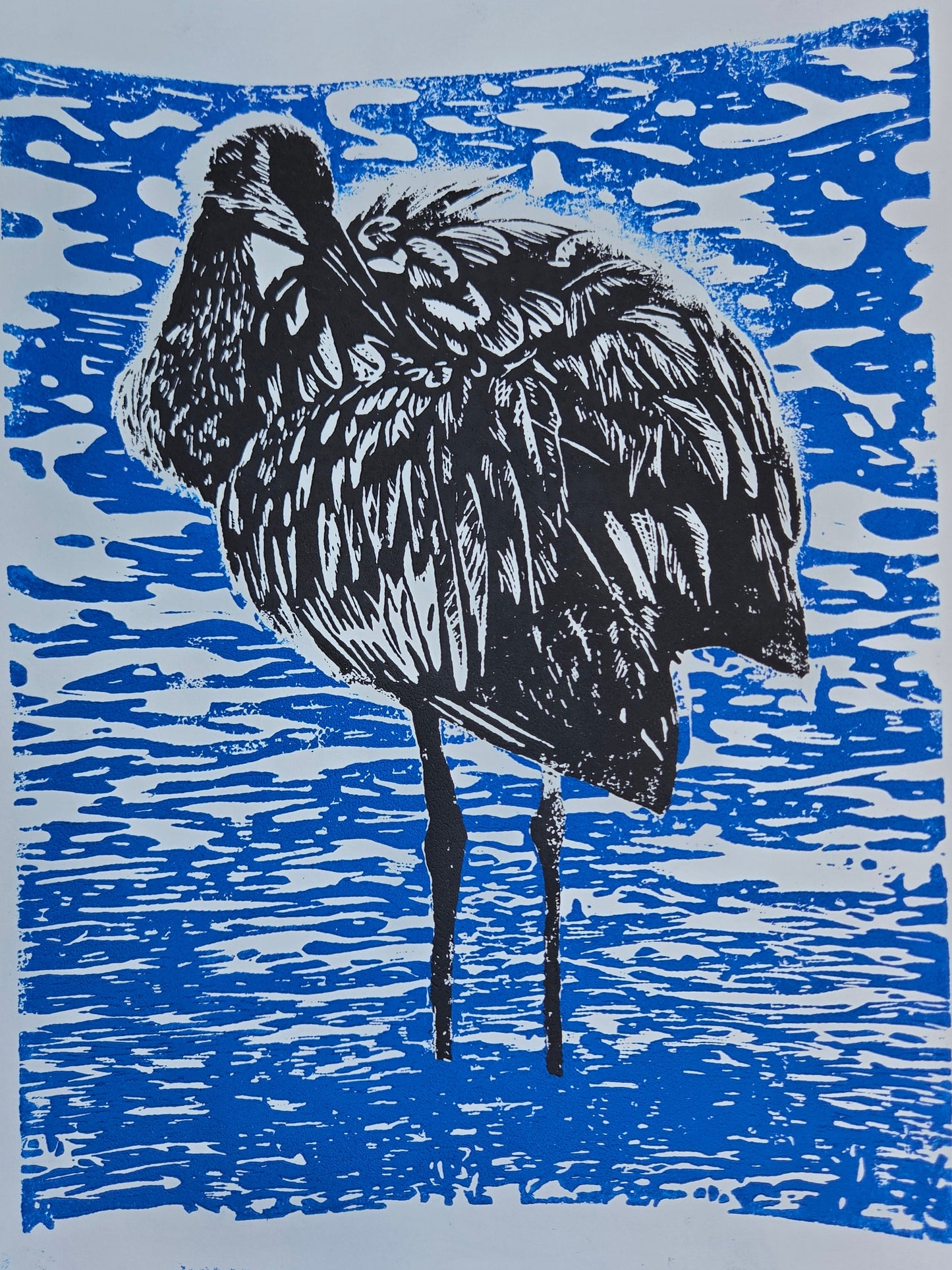 Sandhill crane - 9x12 inch Blue and black linocut print