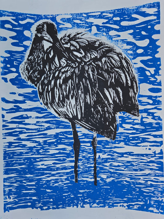 Sandhill crane - 9x12 inch Blue and black linocut print