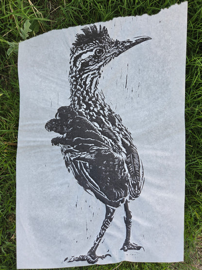 Roadrunner Misprint - Torn rice paper - 12x18 inch linocut print